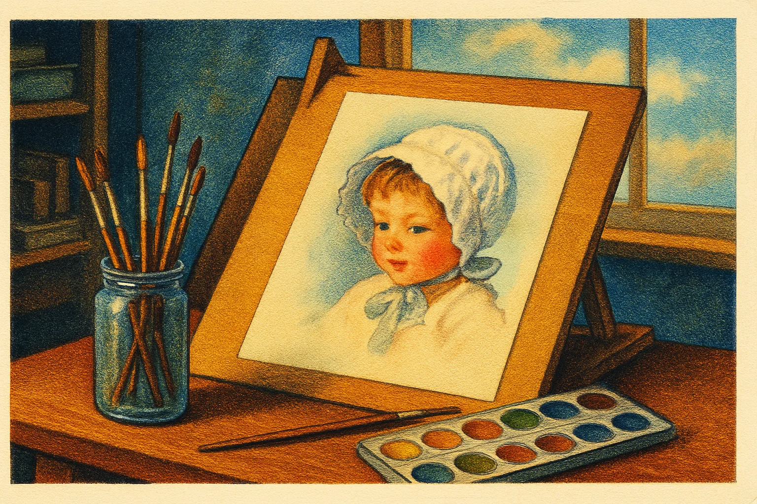 Illustration: An Edwardian illustrator's studio: a drawing board with a delicate watercolor of a child in a bonnet, brushes in a jar, paint palette