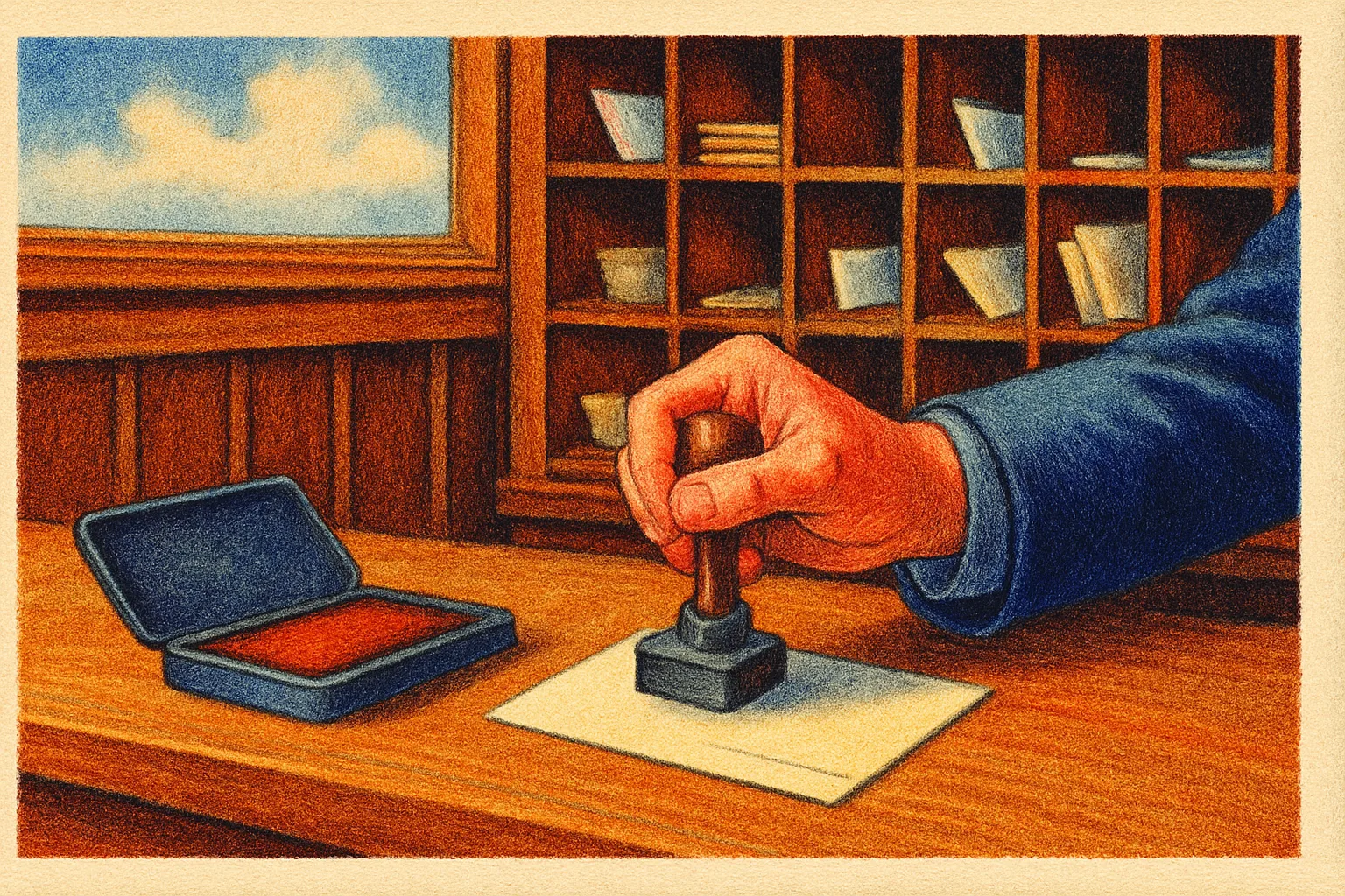 Illustration: A small-town 1910 post office counter: a clerk's hand stamping a postcard, an ink pad, wooden pigeonhole mail slots behind
