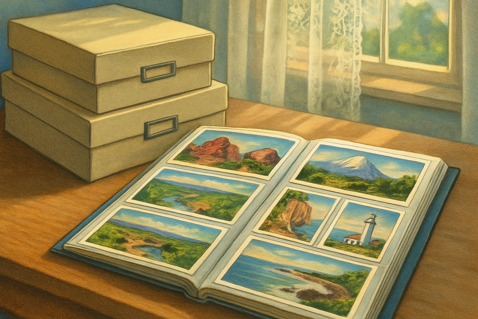Illustration: Neat archival boxes and a postcard album open on a table, cards in clear sleeves, soft daylight from a lace-curtained window