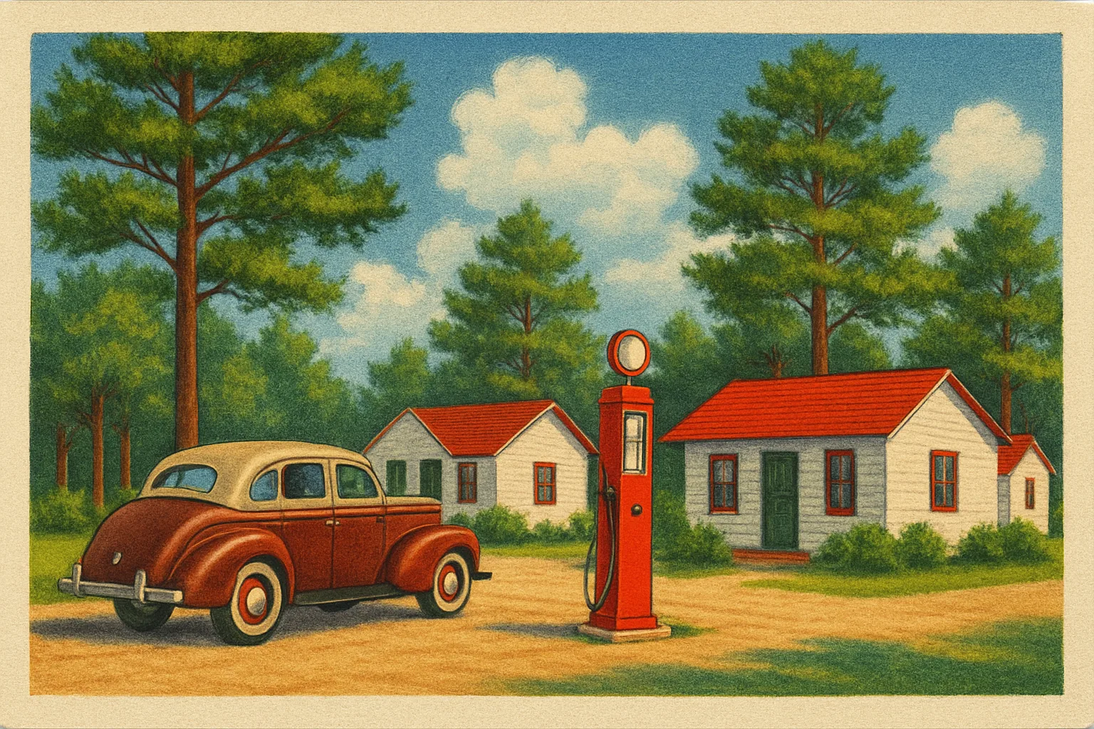 Illustration: A bright 1940s roadside scene: a tourist court with little cabins, a red gas pump and a two-tone sedan under palm-free pines, puffy clouds in a vivid blue sky
