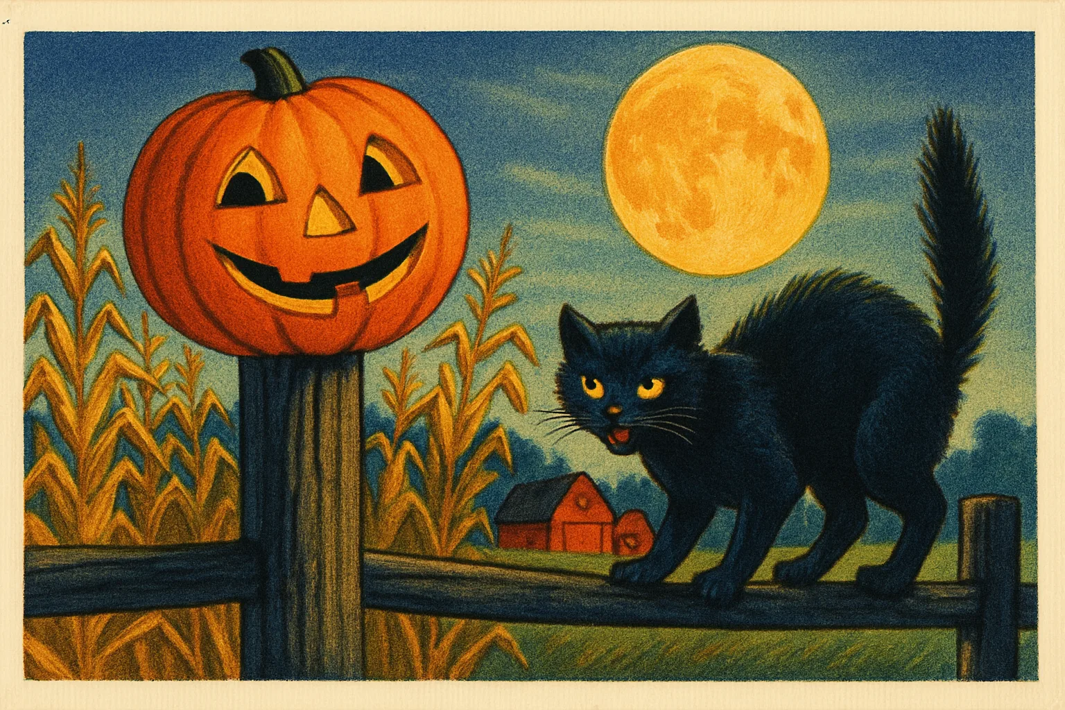 Illustration: A cheerful early-1900s Halloween scene: a grinning jack-o'-lantern on a fence post, a black cat, a full harvest moon over cornstalks and a farmhouse