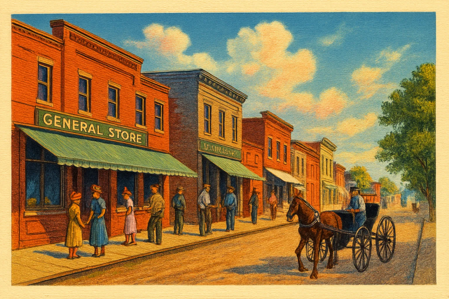 Illustration: A sunny small-town main street around 1912 with a general store, a hardware store, people on the boardwalk and a horse and buggy
