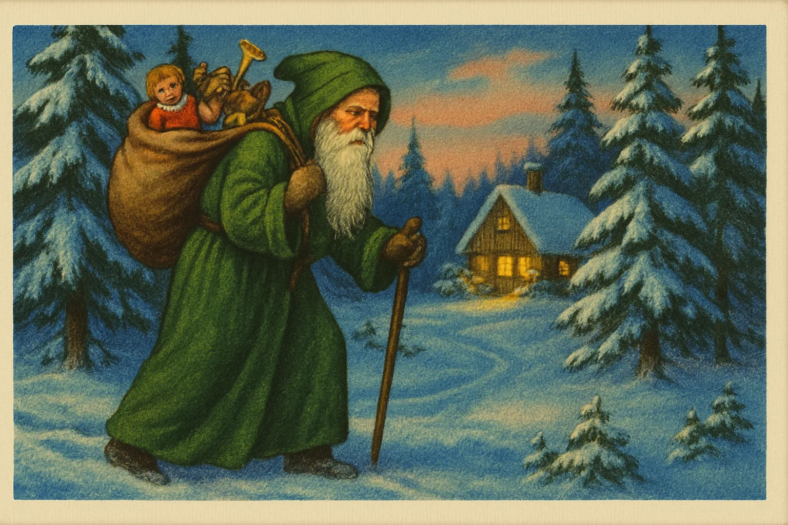 Illustration: An early-1900s Christmas scene: Santa in a long green robe carrying a sack of toys through snowy pines toward a lit cottage