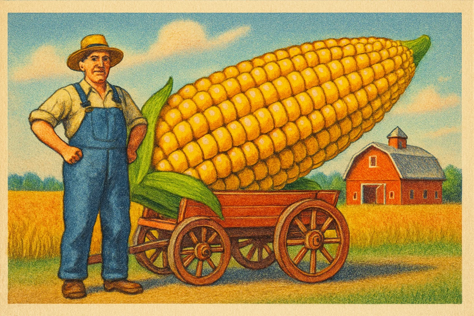 Illustration: A playful farm-states tall tale: a farmer in overalls beside a wagon hauling a single enormous ear of corn as big as the wagon, wheat fields and a red barn behind