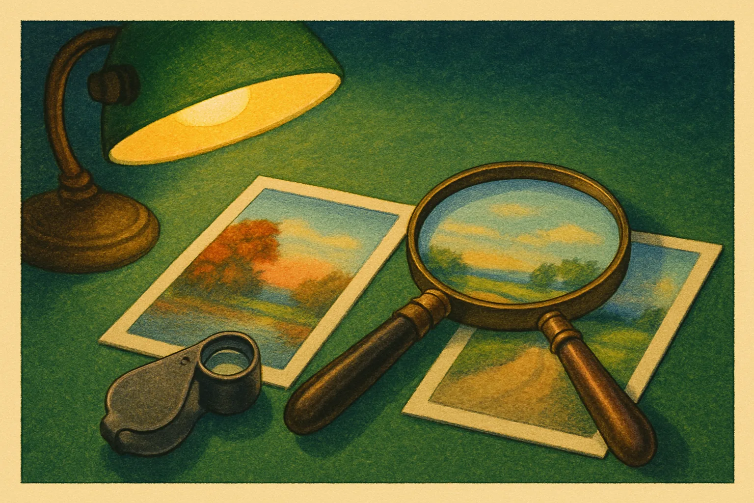 Illustration: A jeweler's loupe and a magnifying glass over two old postcards side by side on green felt, a desk lamp glowing