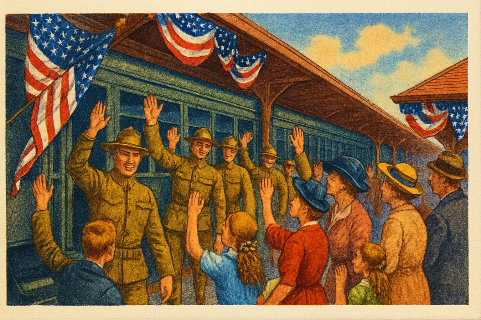 Illustration: A 1917 American train station platform with soldiers in olive uniforms waving, flags and bunting, families seeing them off