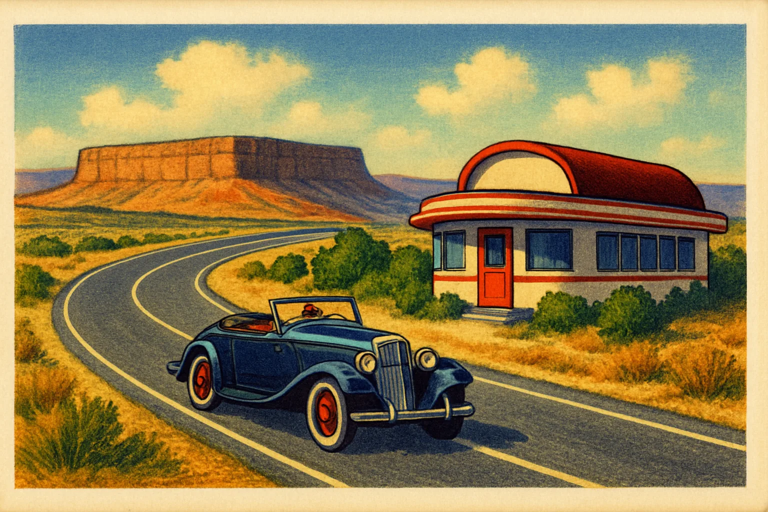 Illustration: A 1940s two-lane highway winding past a roadside diner with a curved roof, a vintage convertible and a billboard-free desert mesa