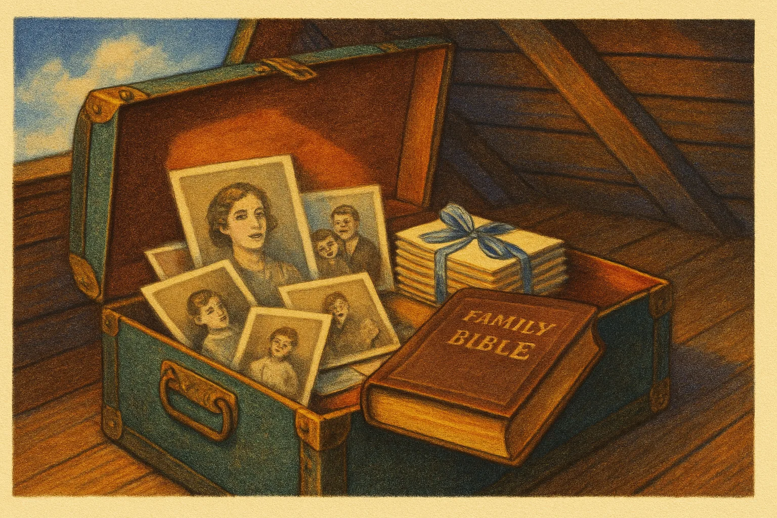 Illustration: An attic trunk opened to reveal old family photographs, a stack of postcards tied with ribbon and a family bible, warm afternoon light