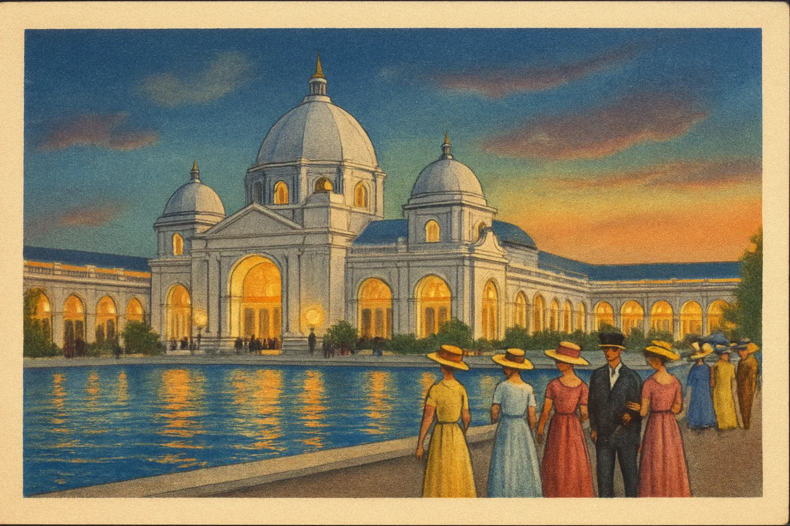 Illustration: A grand white exposition palace with domes and a lagoon at dusk, fairgoers in 1900s hats and long dresses strolling, electric lights glowing along the buildings