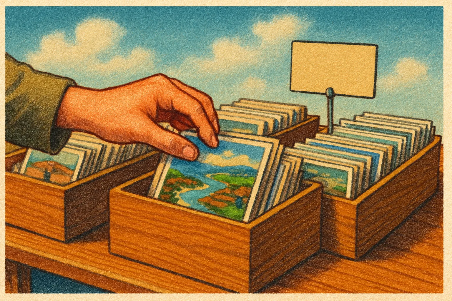 Illustration: A friendly antique-show table with wooden boxes full of old postcards, a hand flipping through them, a small price tag holder with no writing