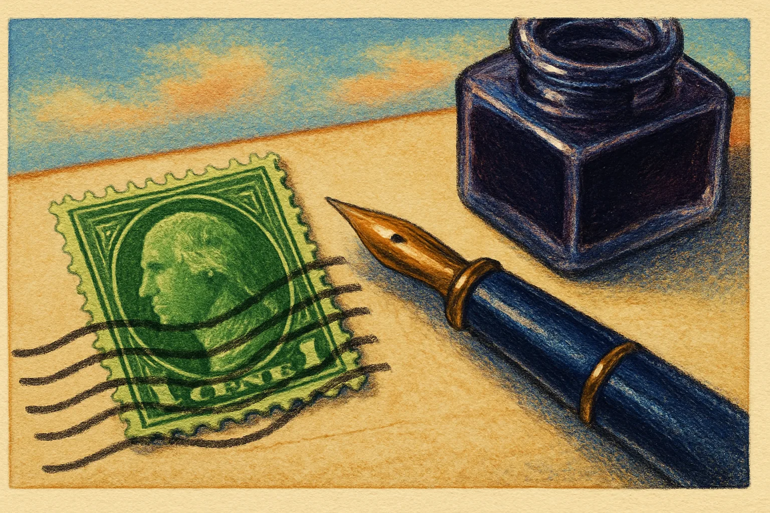 Illustration: Close view of a single green one-cent postage stamp and a wavy cancellation on an old postcard, beside a fountain pen and an inkwell