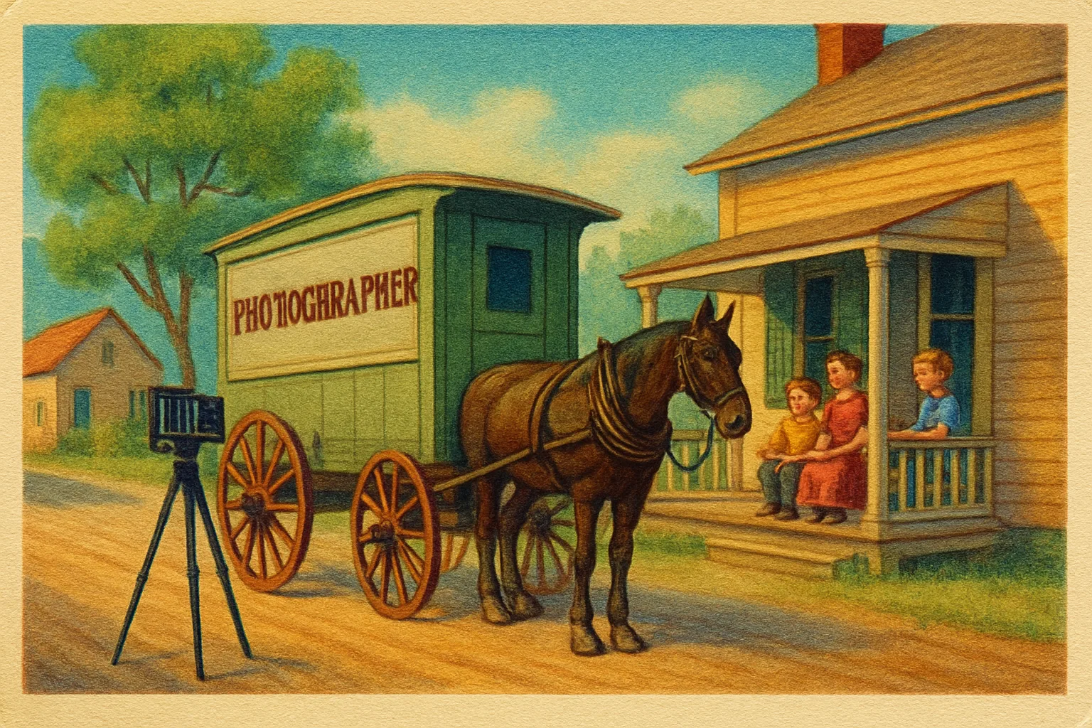 Illustration: A photographer's horse-drawn wagon parked on a dirt village street, a camera tripod beside it, children watching from a porch