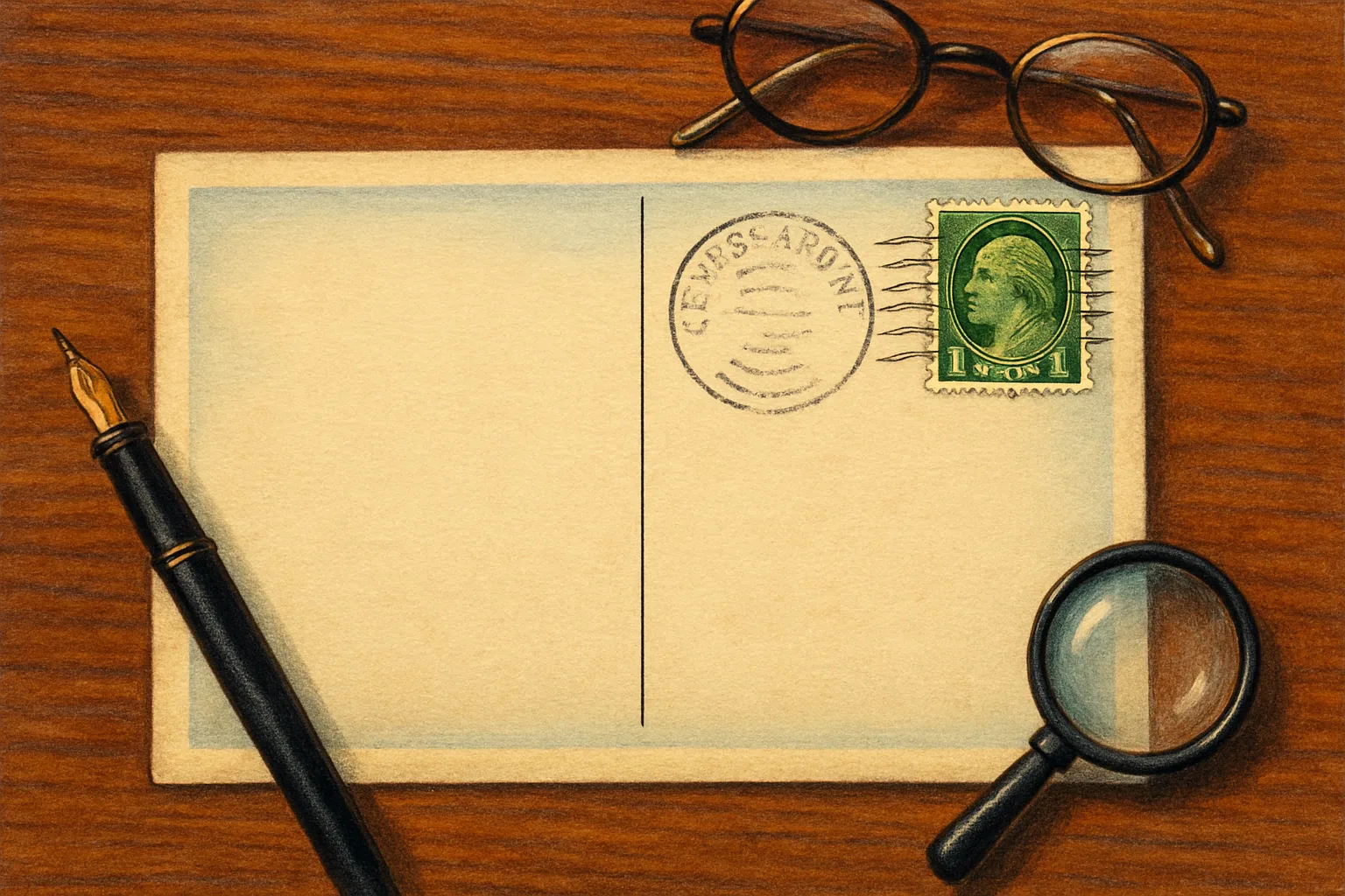 Illustration: The address side of an old postcard on a wooden desk, a green one-cent stamp and a round postmark, a fountain pen, reading glasses and a small magnifier
