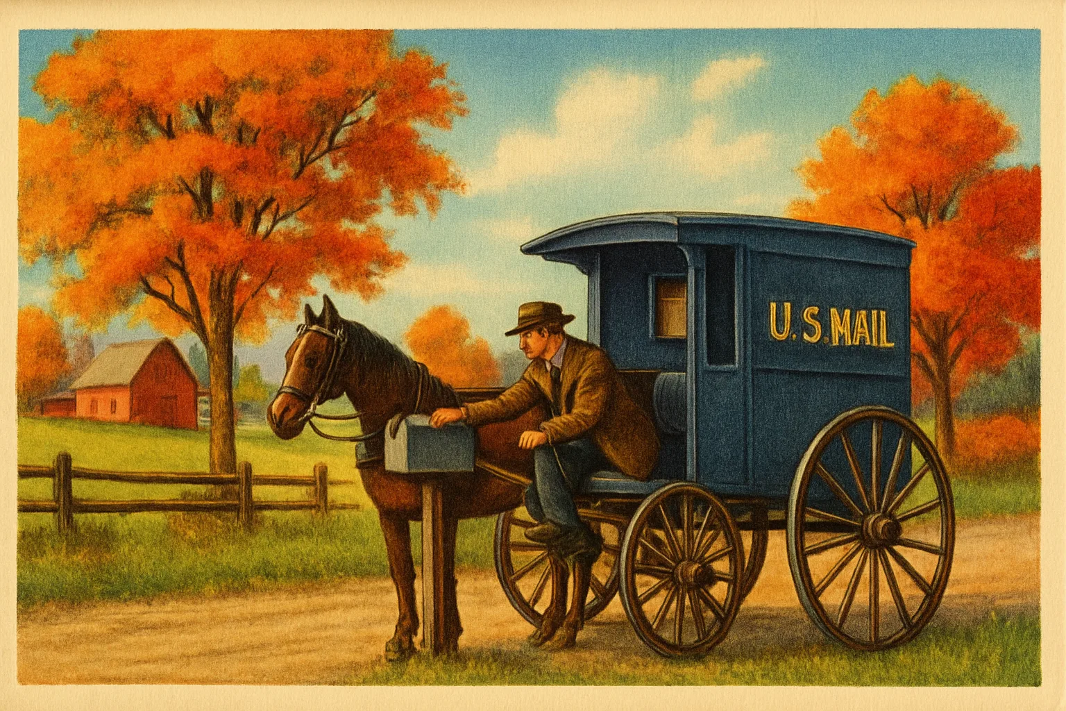 Illustration: A rural mail carrier in 1908 with a horse-drawn mail wagon stopping at a roadside mailbox beside a farm, autumn trees